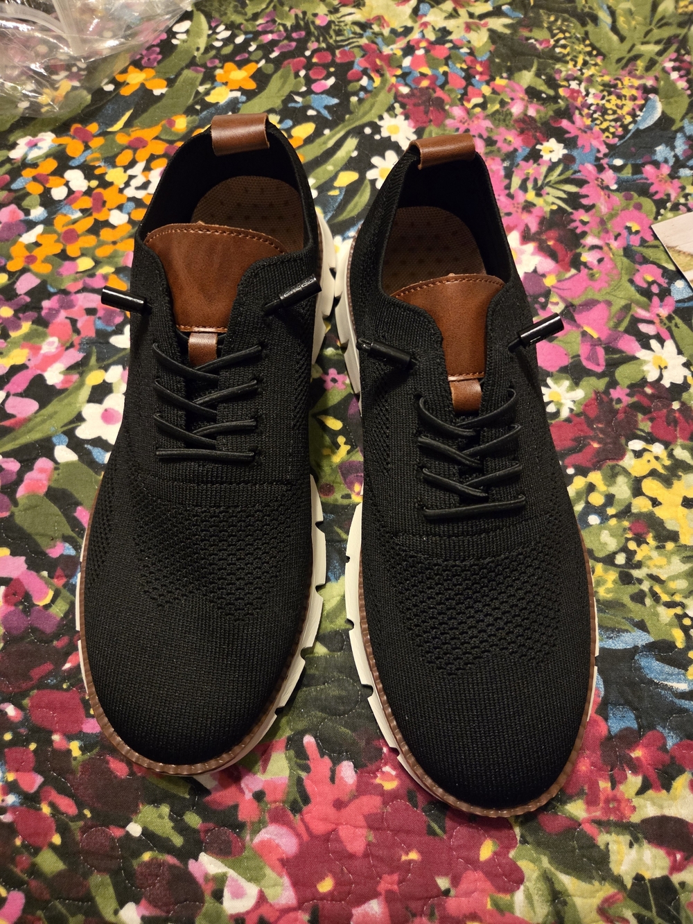 Unisex Black Knit Casual Sneakers with Brown Accents